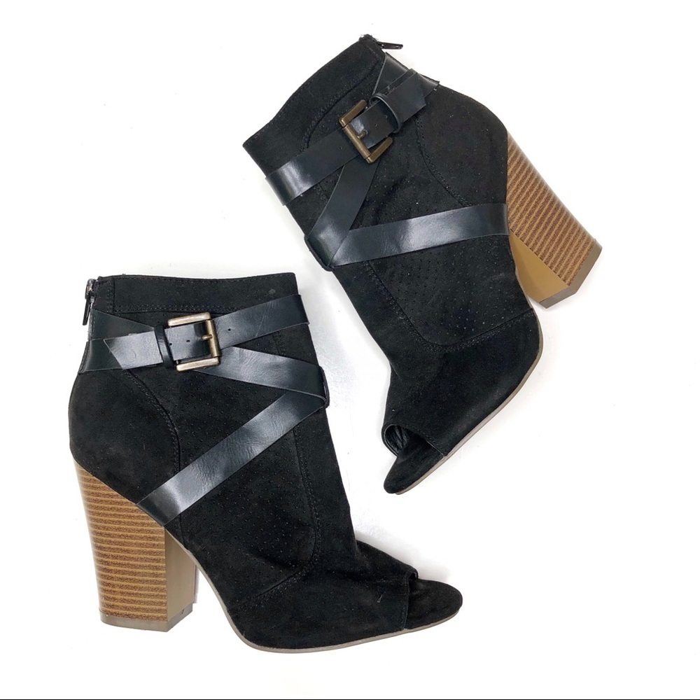 Peep Toe Ankle Booties Black Faux Suede Buckle Strap Stacked Heel Size 6.5
